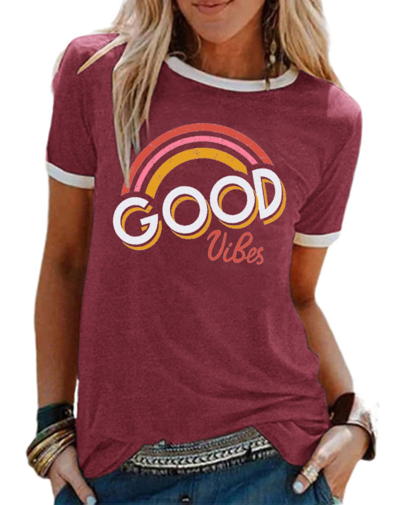 Lily Women's Graphic T-Shirt – Rainbow Letter Tee with Contrast Trim for Summer
