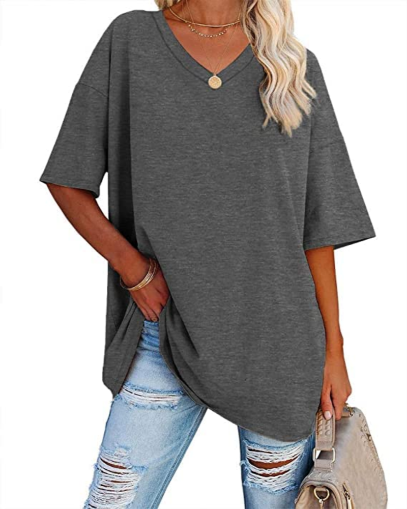 Clara Women's Oversized V-Neck T-Shirt – Short Sleeve Casual Top in Soft Cotton Blend