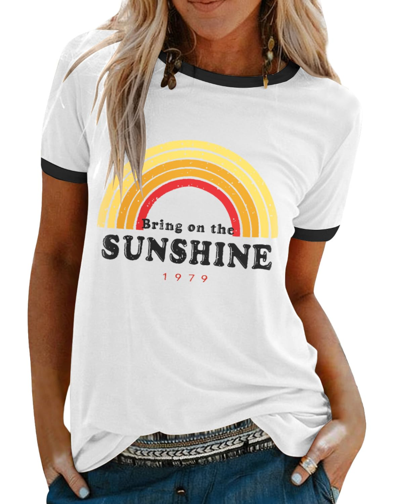 Lily Women's Graphic T-Shirt – Rainbow Letter Tee with Contrast Trim for Summer