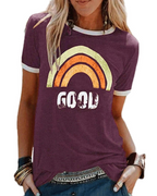 Lily Women's Graphic T-Shirt – Rainbow Letter Tee with Contrast Trim for Summer
