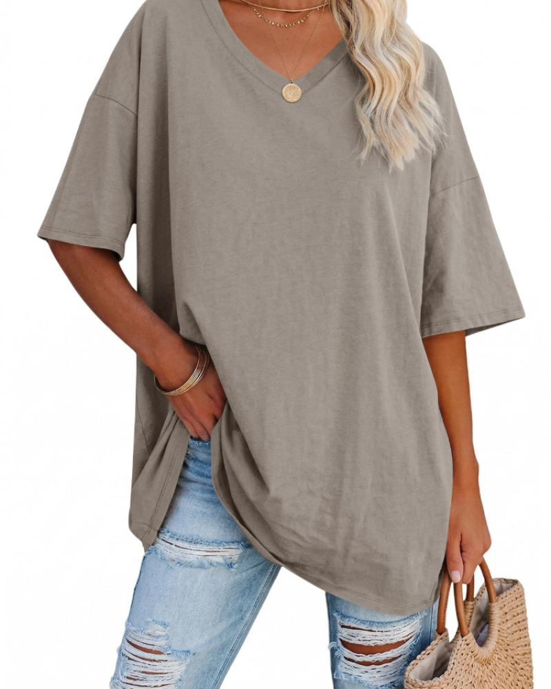 Clara Women's Oversized V-Neck T-Shirt – Short Sleeve Casual Top in Soft Cotton Blend