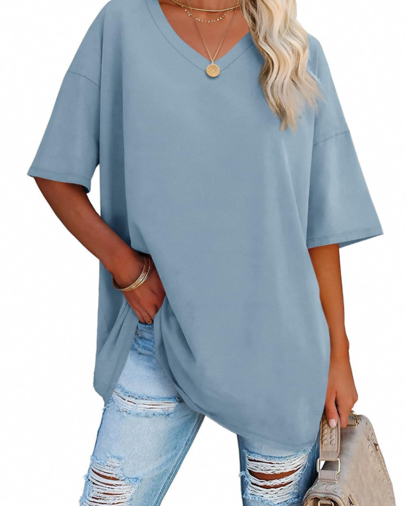 Clara Women's Oversized V-Neck T-Shirt – Short Sleeve Casual Top in Soft Cotton Blend