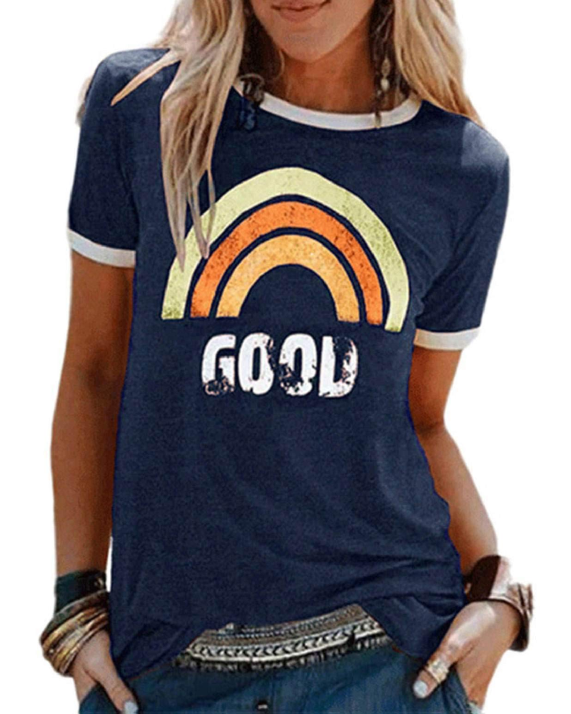 Lily Women's Graphic T-Shirt – Rainbow Letter Tee with Contrast Trim for Summer