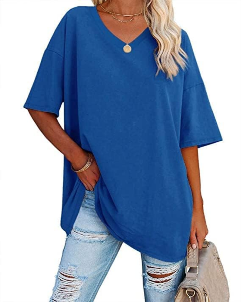 Clara Women's Oversized V-Neck T-Shirt – Short Sleeve Casual Top in Soft Cotton Blend