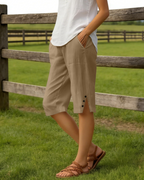 Naomi Women’s Capri Shorts – Linen Cotton High Waist Drawstring Shorts with Pockets