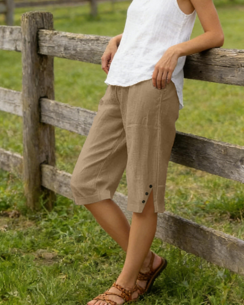 Naomi Women’s Capri Shorts – Linen Cotton High Waist Drawstring Shorts with Pockets