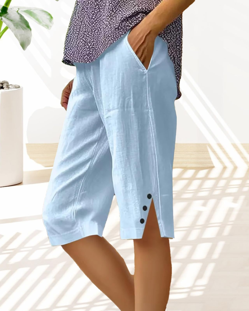 Naomi Women’s Capri Shorts – Linen Cotton High Waist Drawstring Shorts with Pockets