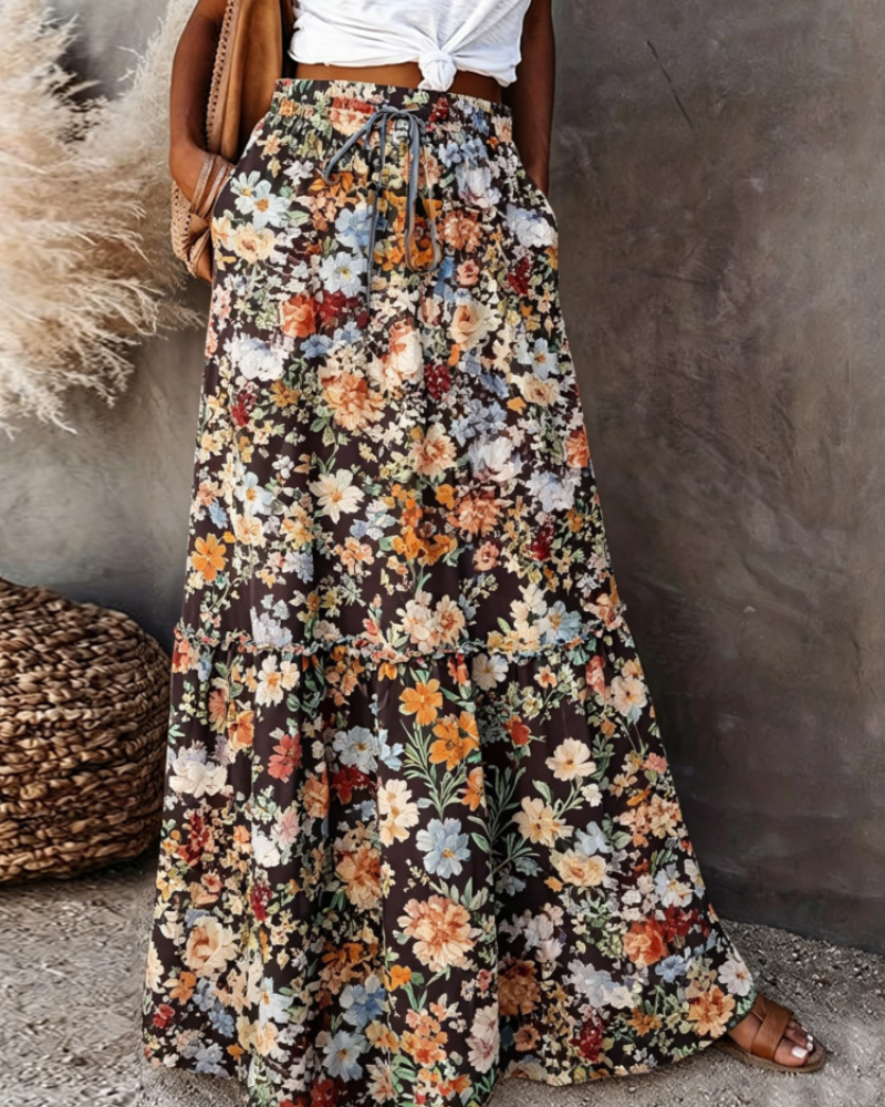 Clara Women’s Floral Maxi Skirt – High Waist Flowy Pull-On Summer Skirt