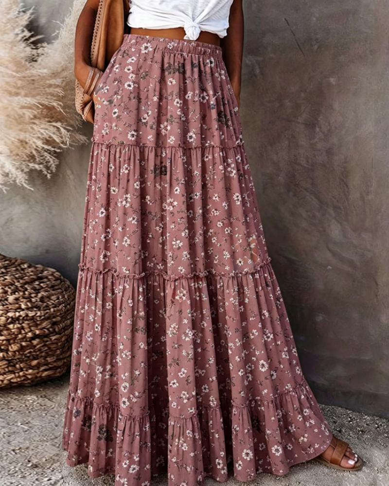 Clara Women’s Floral Maxi Skirt – High Waist Flowy Pull-On Summer Skirt