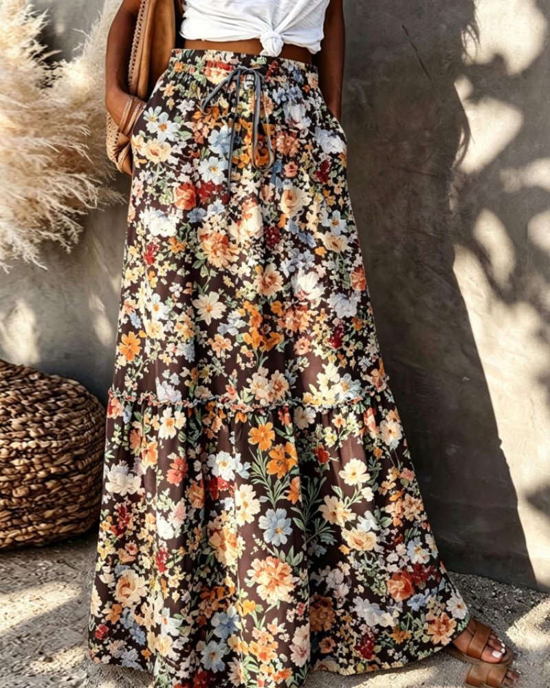 Clara Women’s Floral Maxi Skirt – High Waist Flowy Pull-On Summer Skirt