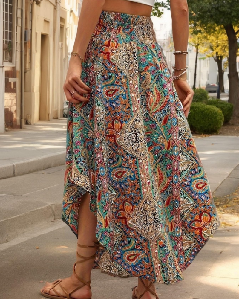 Elena Women’s Floral Midi Skirt – High Waist Pleated Pull-On Skirt