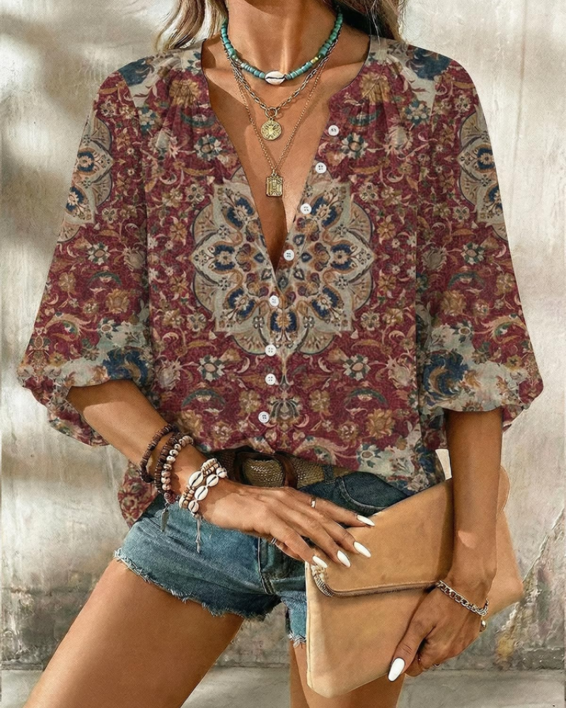 Julia Women’s V-Neck Blouse – 3/4 Sleeve Button Detail Smart Casual Top