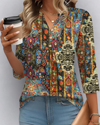Isla Women’s Boho Blouse – V-Neck 3/4 Sleeve Pleated Casual Summer Top