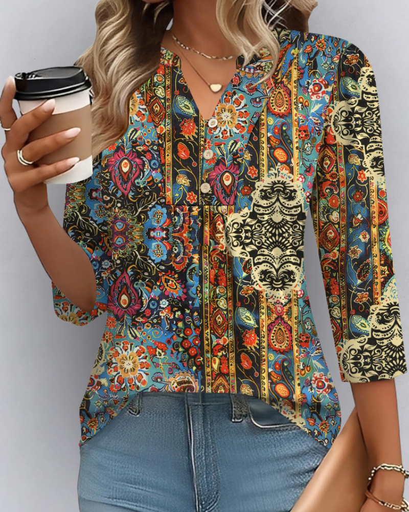 Isla Women’s Boho Blouse – V-Neck 3/4 Sleeve Pleated Casual Summer Top
