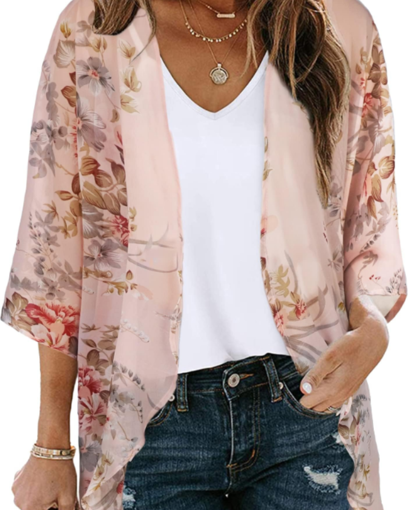 Lauren Women's Floral Kimono Cardigan – Lightweight Chiffon Open Front Beach Cover-Up