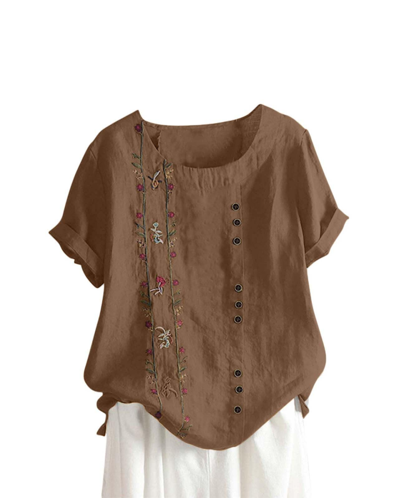 Brooke Women's Floral Blouse – Cotton Linen Relaxed Fit Short Sleeve Summer Top