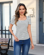 Marissa Women's Ribbed Stripe Top – Square Neck Short Sleeve Fitted Casual Tee