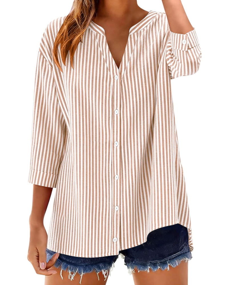 Sophie Women's Cotton Button Down Blouse – V-Neck 3/4 Sleeve Shirt for Work