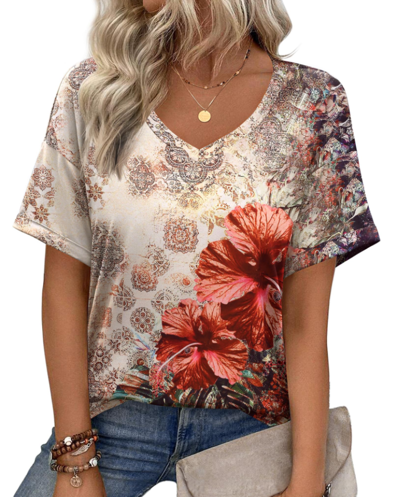 Mabel Women’s Tunic Top – V-Neck Printed Relaxed Fit Casual Summer Blouse Shirt