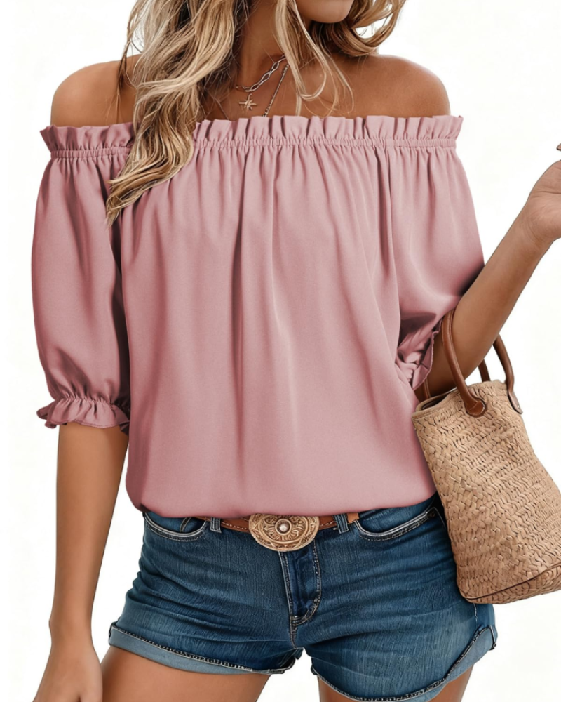 Sophia Women's Off-Shoulder Blouse – Puff Sleeve Boat Neck Top for Work and Casual Wear