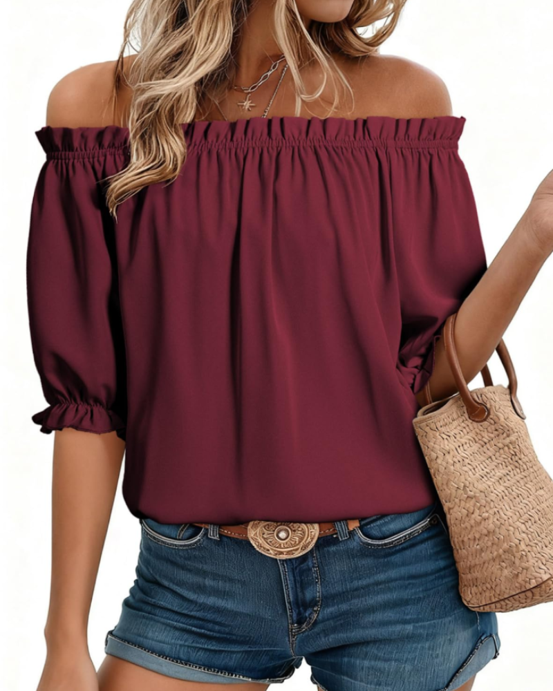 Sophia Women's Off-Shoulder Blouse – Puff Sleeve Boat Neck Top for Work and Casual Wear