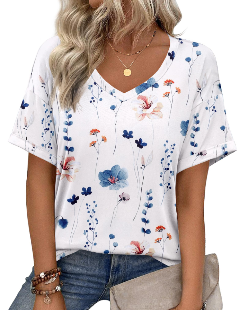 Mabel Women’s Tunic Top – V-Neck Printed Relaxed Fit Casual Summer Blouse Shirt