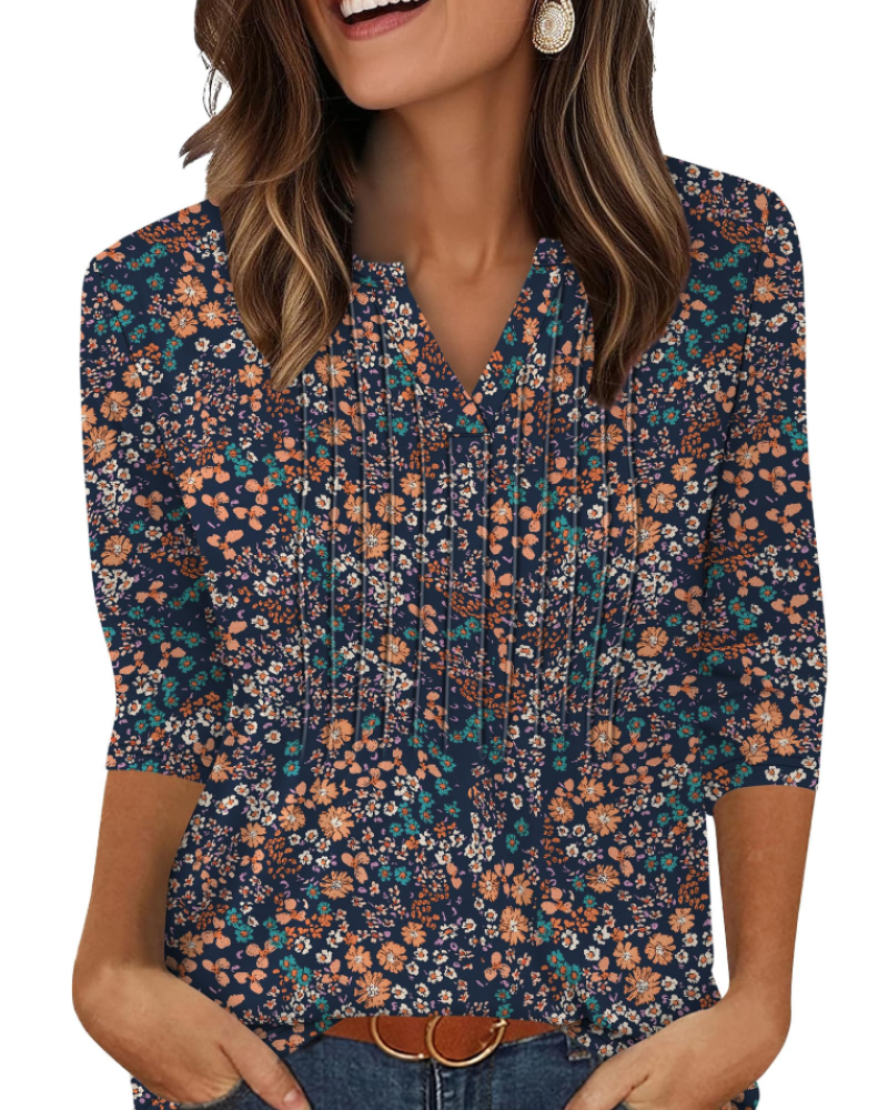 Aubrey Women’s V-Neck Blouse – 3/4 Sleeve Pleated Front Casual Summer Top