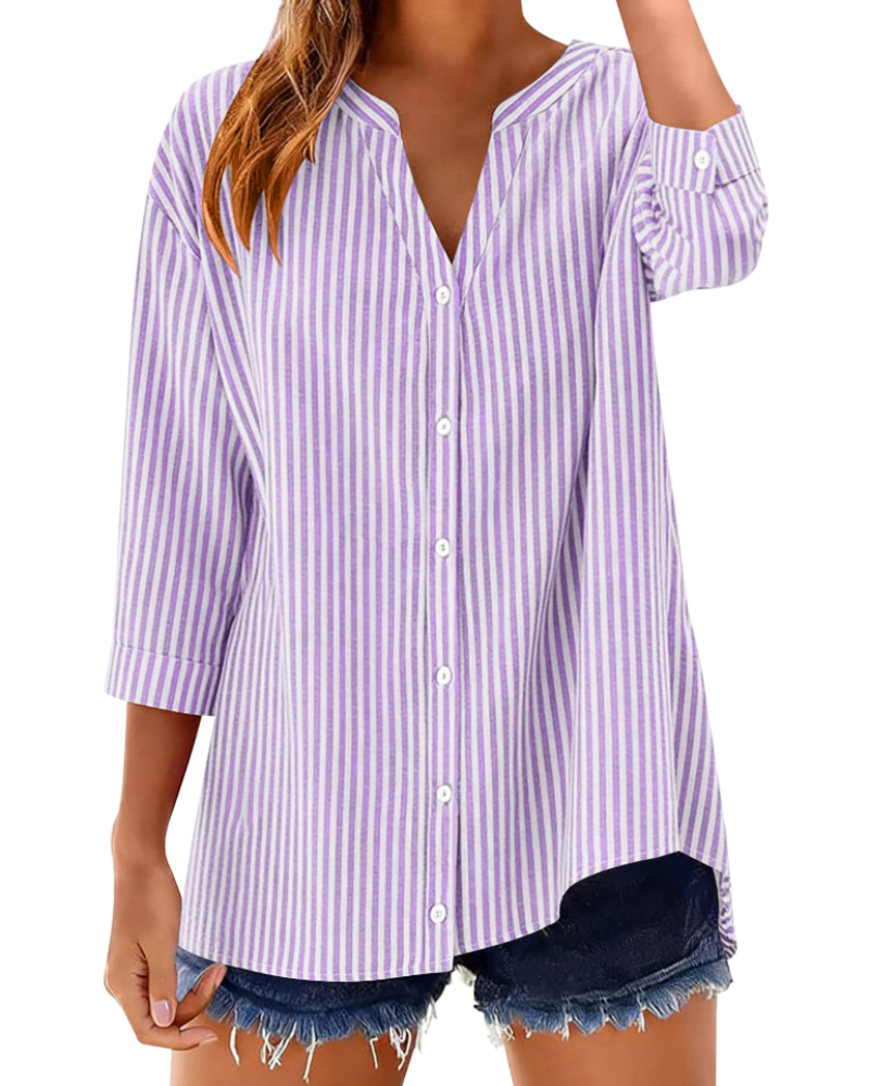 Sophie Women's Cotton Button Down Blouse – V-Neck 3/4 Sleeve Shirt for Work