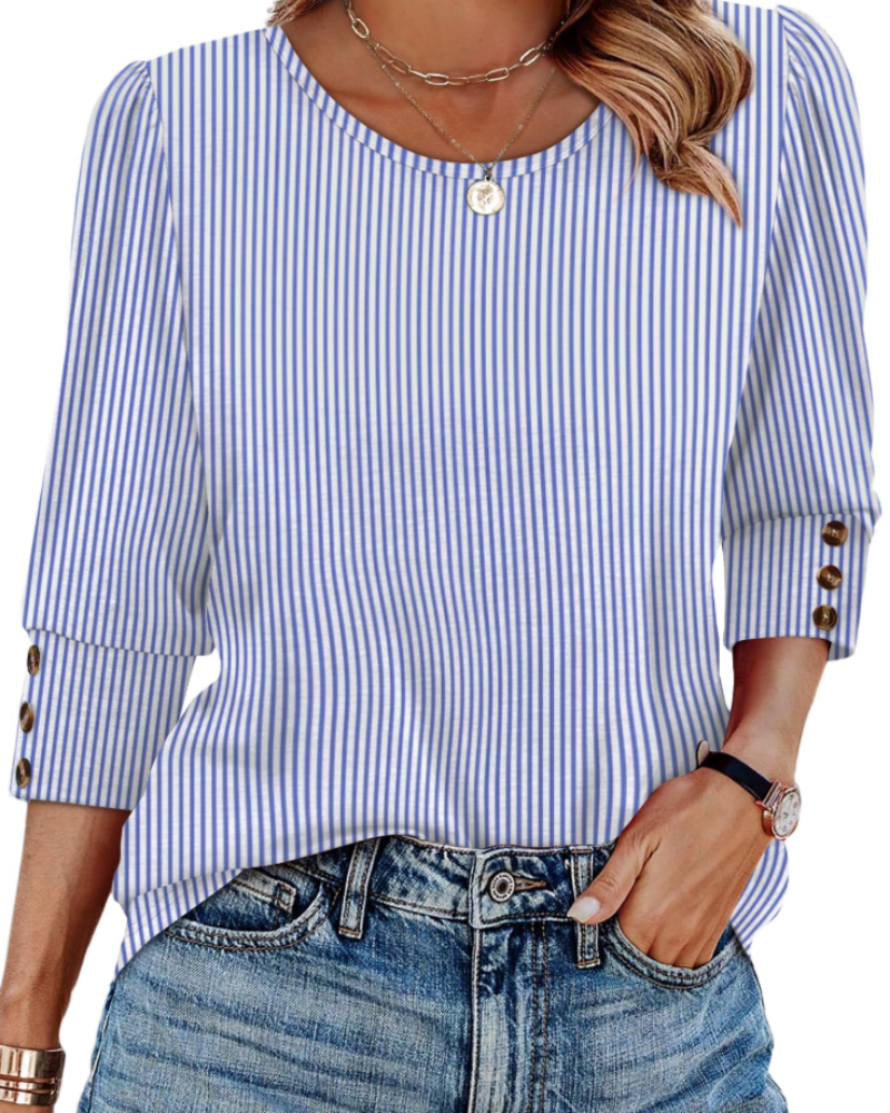 Bella Women’s Button Blouse – 3/4 Sleeve Crew Neck Relaxed Fit Casual Top