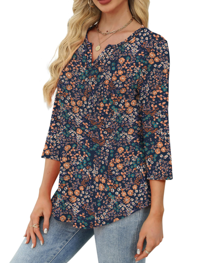 Aubrey Women’s V-Neck Blouse – 3/4 Sleeve Pleated Front Casual Summer Top