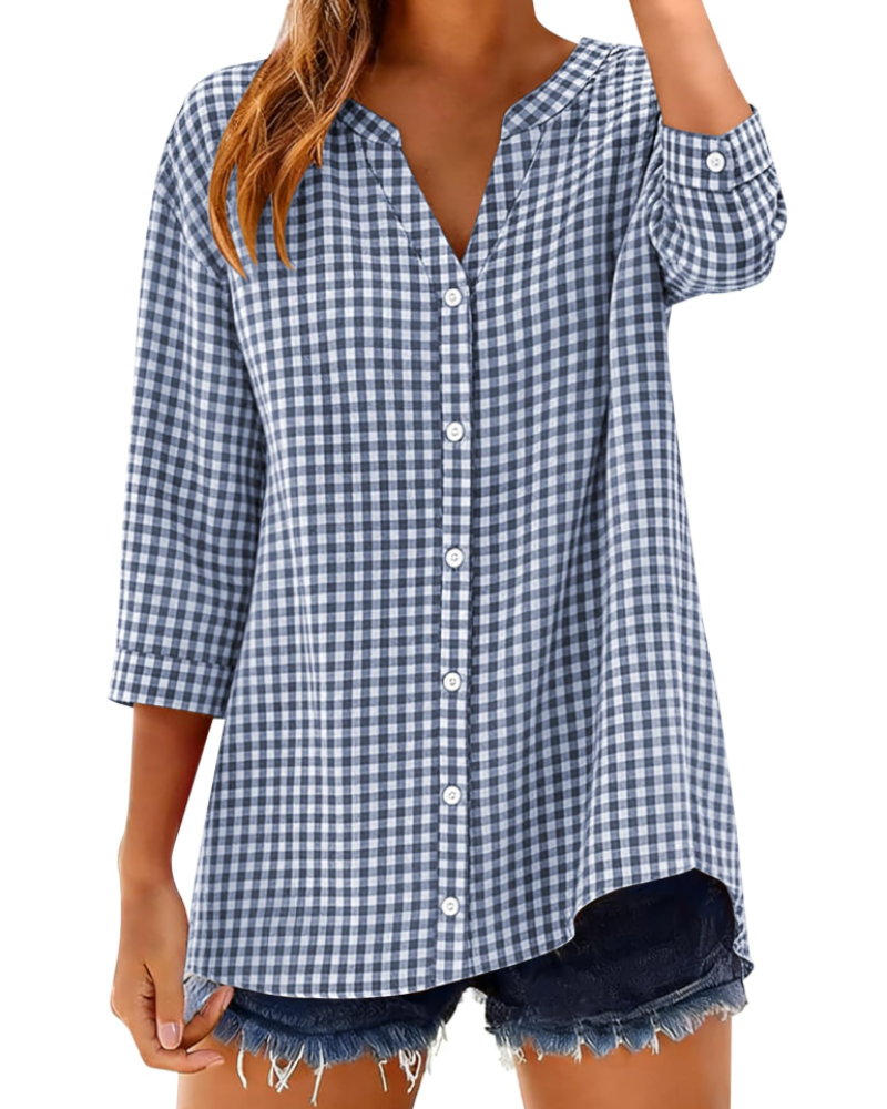 Sophie Women's Cotton Button Down Blouse – V-Neck 3/4 Sleeve Shirt for Work