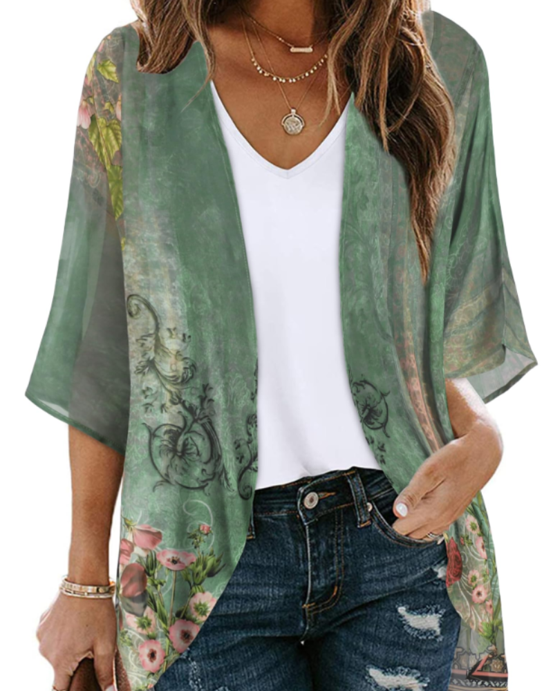 Lauren Women's Floral Kimono Cardigan – Lightweight Chiffon Open Front Beach Cover-Up