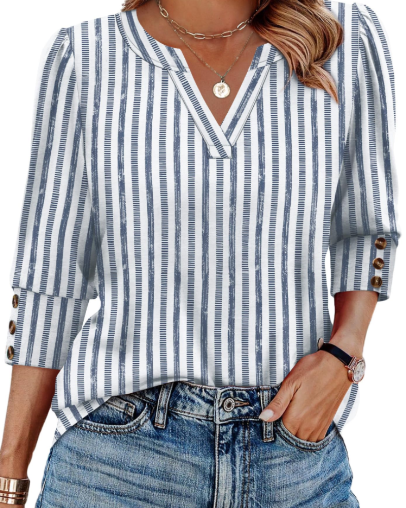 Claire Women's V-Neck Blouse – 3/4 Sleeve Button Cuff Top for Office and Casual Wear