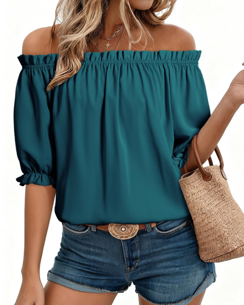 Sophia Women's Off-Shoulder Blouse – Puff Sleeve Boat Neck Top for Work and Casual Wear