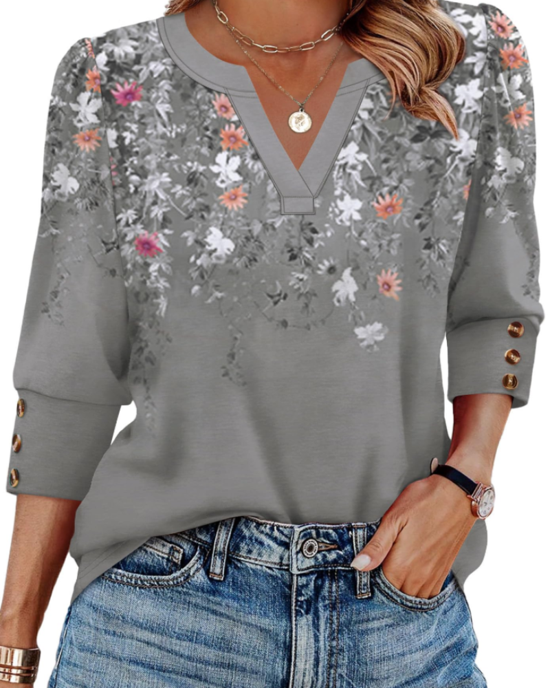 Claire Women's V-Neck Blouse – 3/4 Sleeve Button Cuff Top for Office and Casual Wear