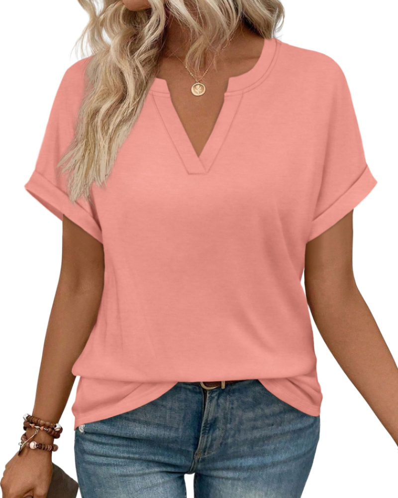 Emily Women's V-Neck Blouse – Rolled Sleeve Tunic Top for Work and Summer Outfits