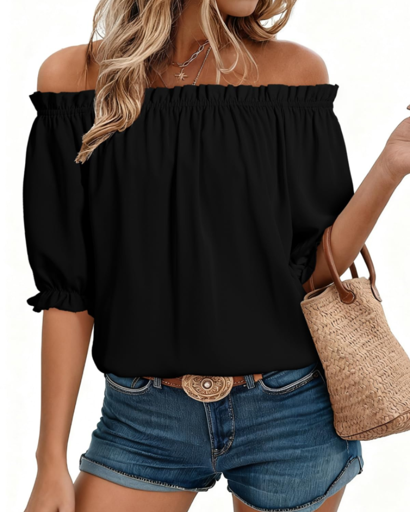 Sophia Women's Off-Shoulder Blouse – Puff Sleeve Boat Neck Top for Work and Casual Wear