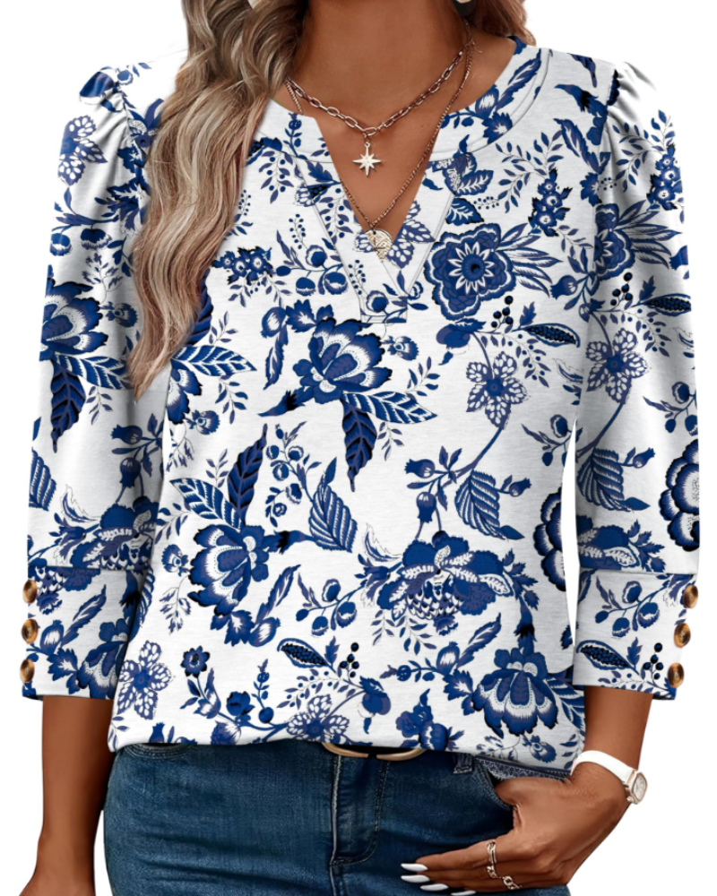 Claire Women's V-Neck Blouse – 3/4 Sleeve Button Cuff Top for Office and Casual Wear