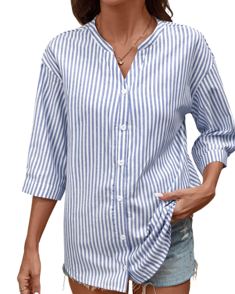 Sophie Women's Cotton Button Down Blouse – V-Neck 3/4 Sleeve Shirt for Work