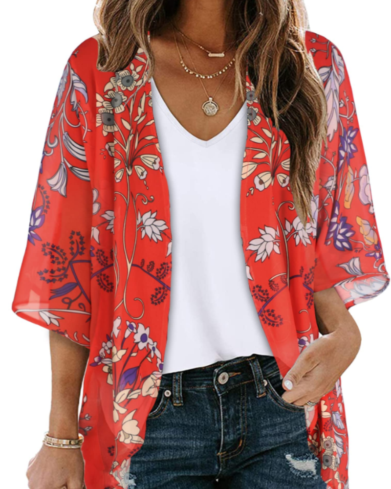 Lauren Women's Floral Kimono Cardigan – Lightweight Chiffon Open Front Beach Cover-Up