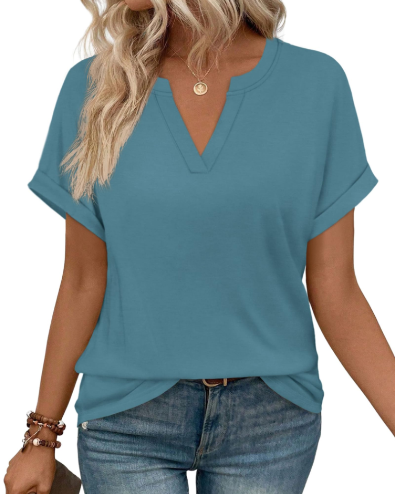 Emily Women's V-Neck Blouse – Rolled Sleeve Tunic Top for Work and Summer Outfits