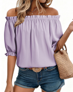 Sophia Women's Off-Shoulder Blouse – Puff Sleeve Boat Neck Top for Work and Casual Wear