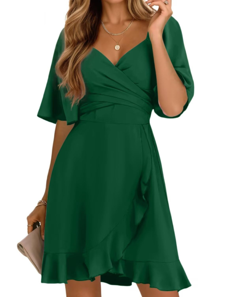 Ava Women's Wrap Mini Dress – V-Neck Ruffle Hem Dress for Weddings and Summer
