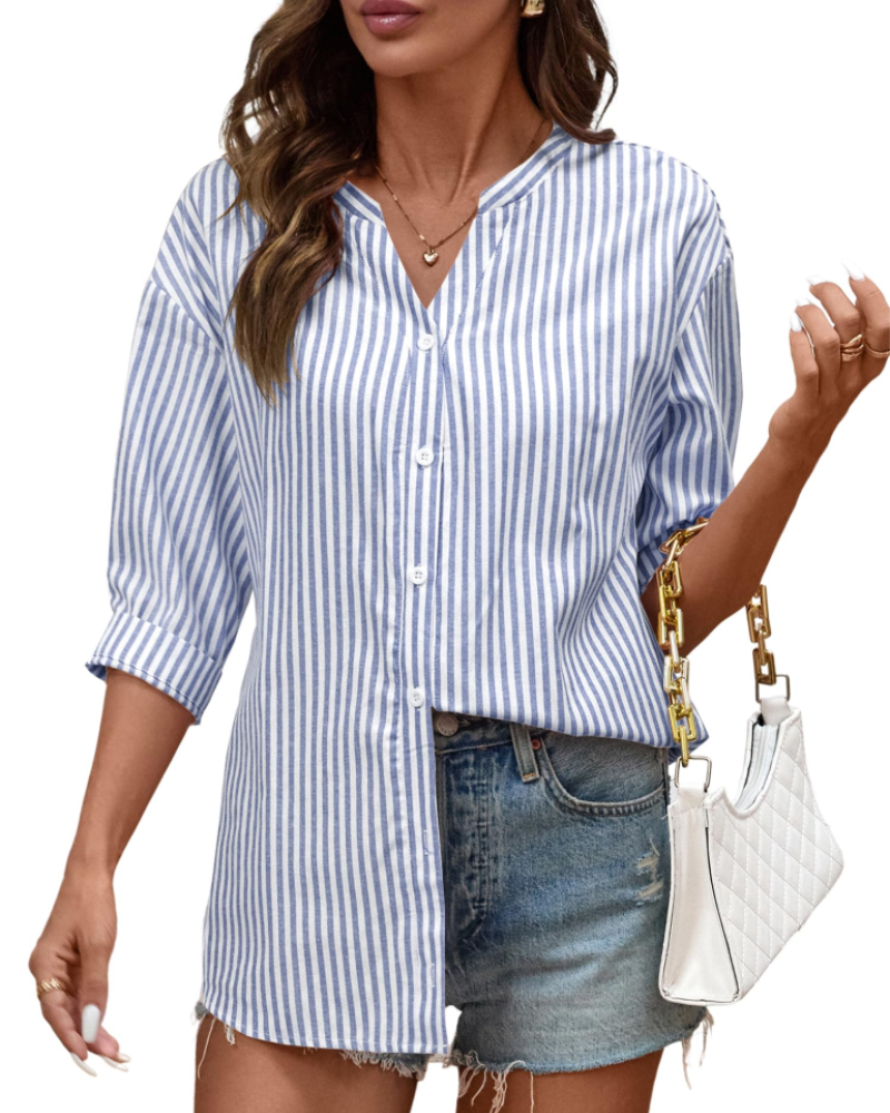 Sophie Women's Cotton Button Down Blouse – V-Neck 3/4 Sleeve Shirt for Work