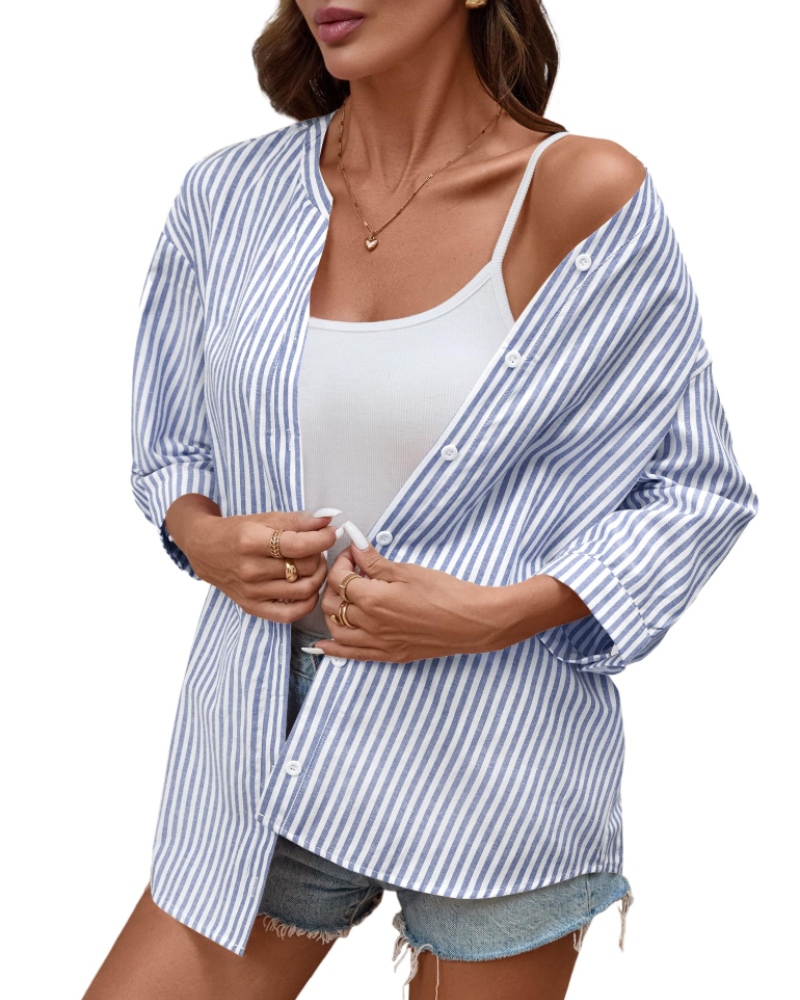Sophie Women's Cotton Button Down Blouse – V-Neck 3/4 Sleeve Shirt for Work