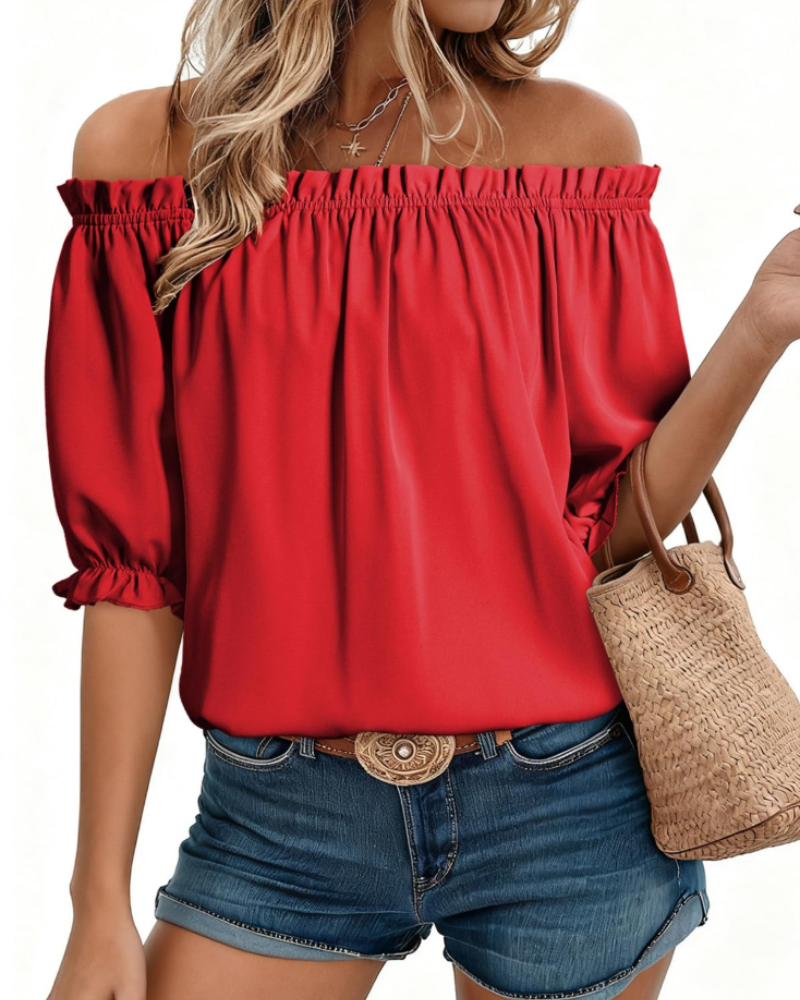 Sophia Women's Off-Shoulder Blouse – Puff Sleeve Boat Neck Top for Work and Casual Wear