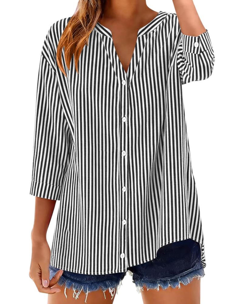 Sophie Women's Cotton Button Down Blouse – V-Neck 3/4 Sleeve Shirt for Work