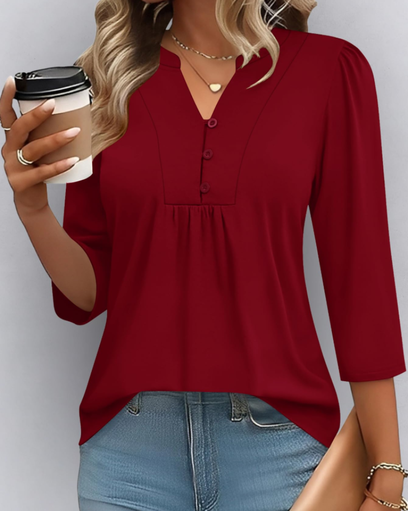 Isla Women’s Boho Blouse – V-Neck 3/4 Sleeve Pleated Casual Summer Top