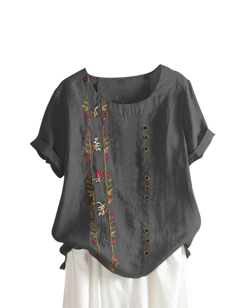 Brooke Women's Floral Blouse – Cotton Linen Relaxed Fit Short Sleeve Summer Top