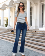 Marissa Women's Ribbed Stripe Top – Square Neck Short Sleeve Fitted Casual Tee